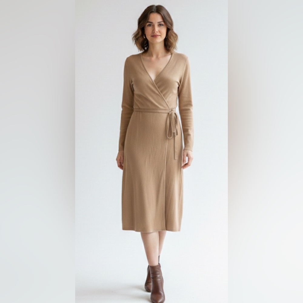 Banana Republic Camel Wrap-Front Long Sleeve Midi Dress